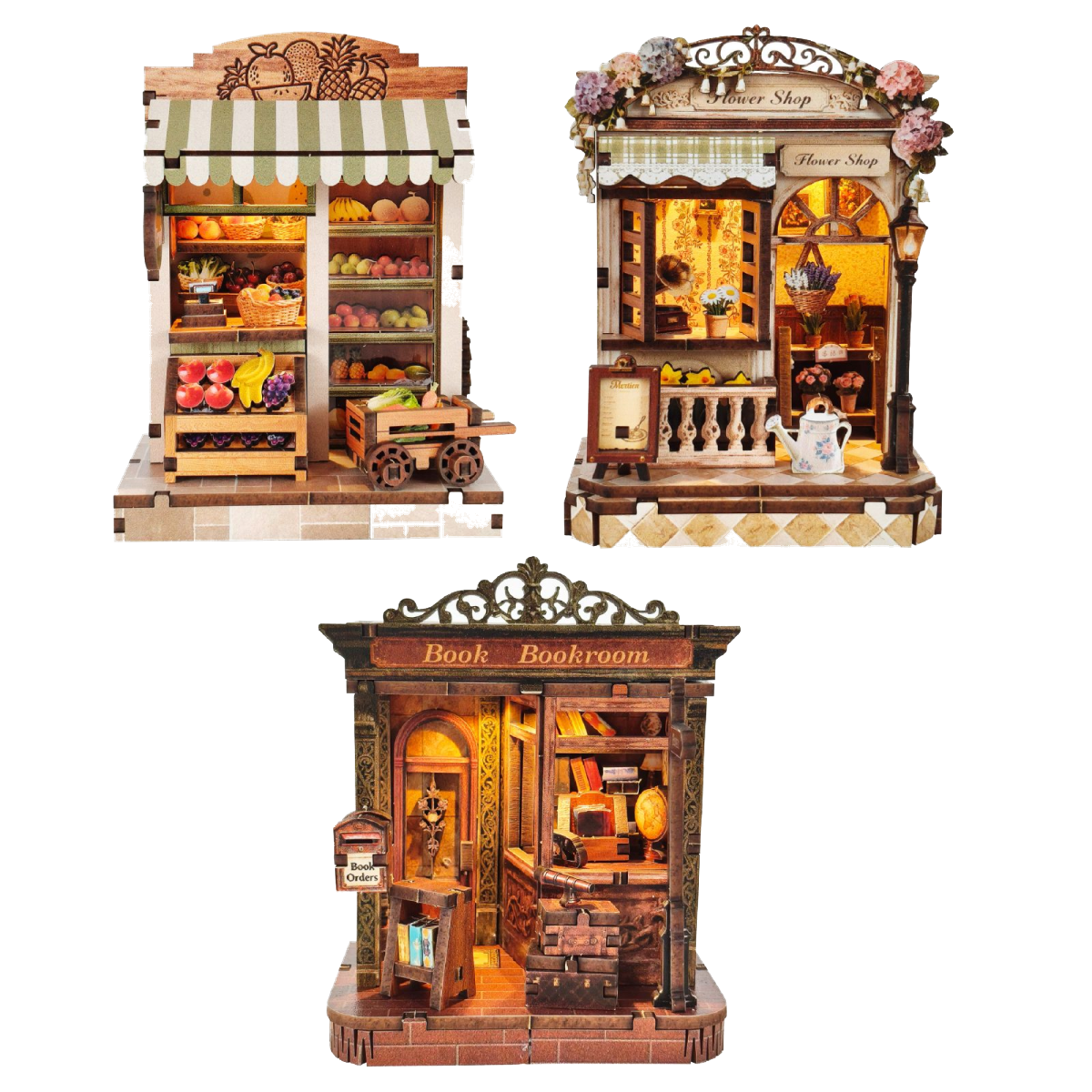 Kit 3 Mini Casas 3D: Librería, Florería y Mercado